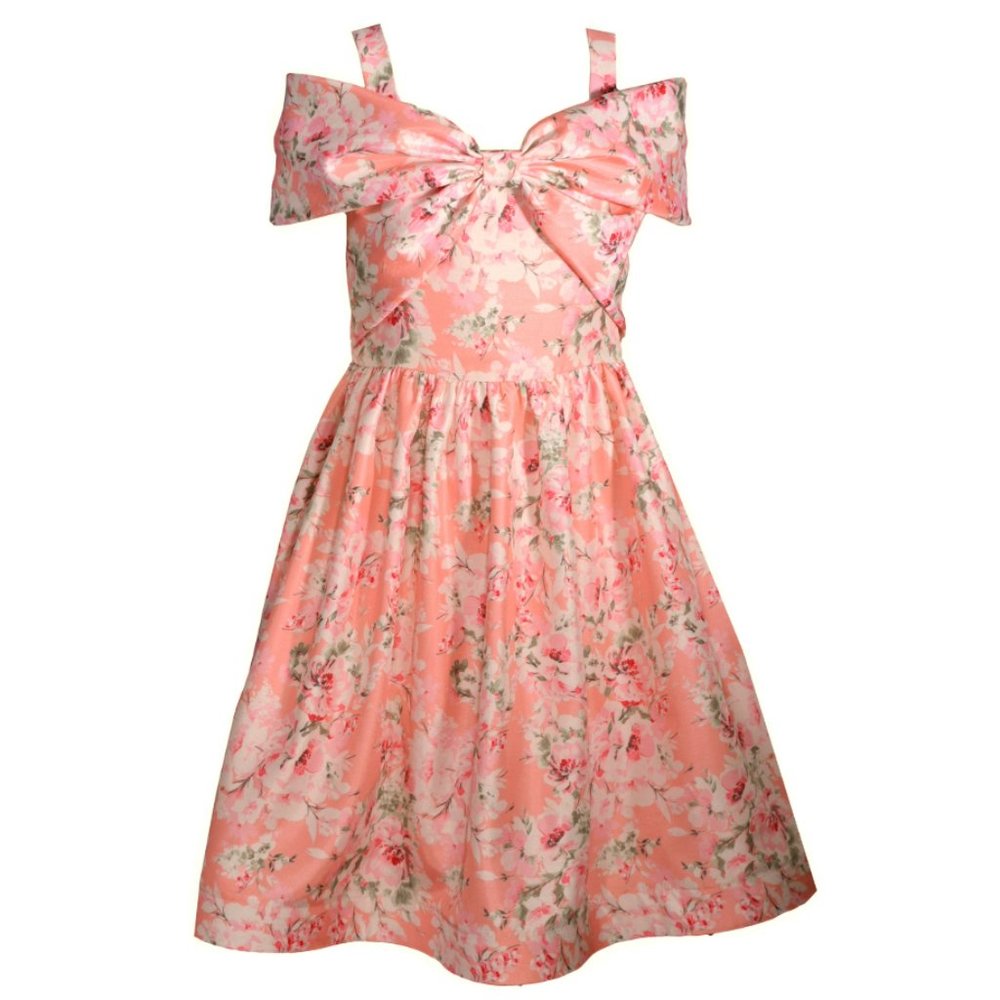 Bonnie Jean Girls 7-16 Salmon Pink Floral Shantung Bow Front Dress